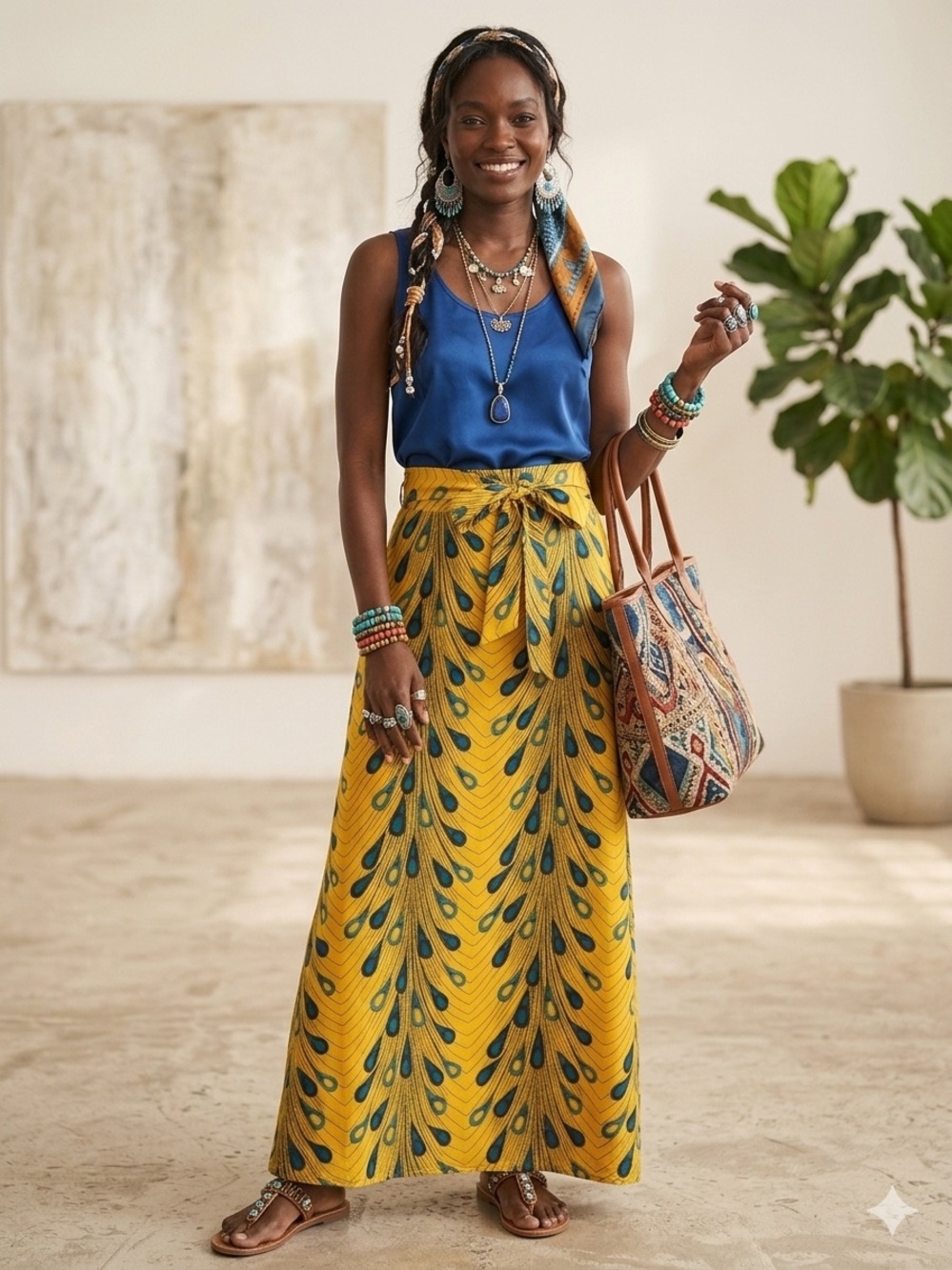 Afibi Peacock Feather Print Tie-Waist Maxi Skirt Yellow Blue Boho